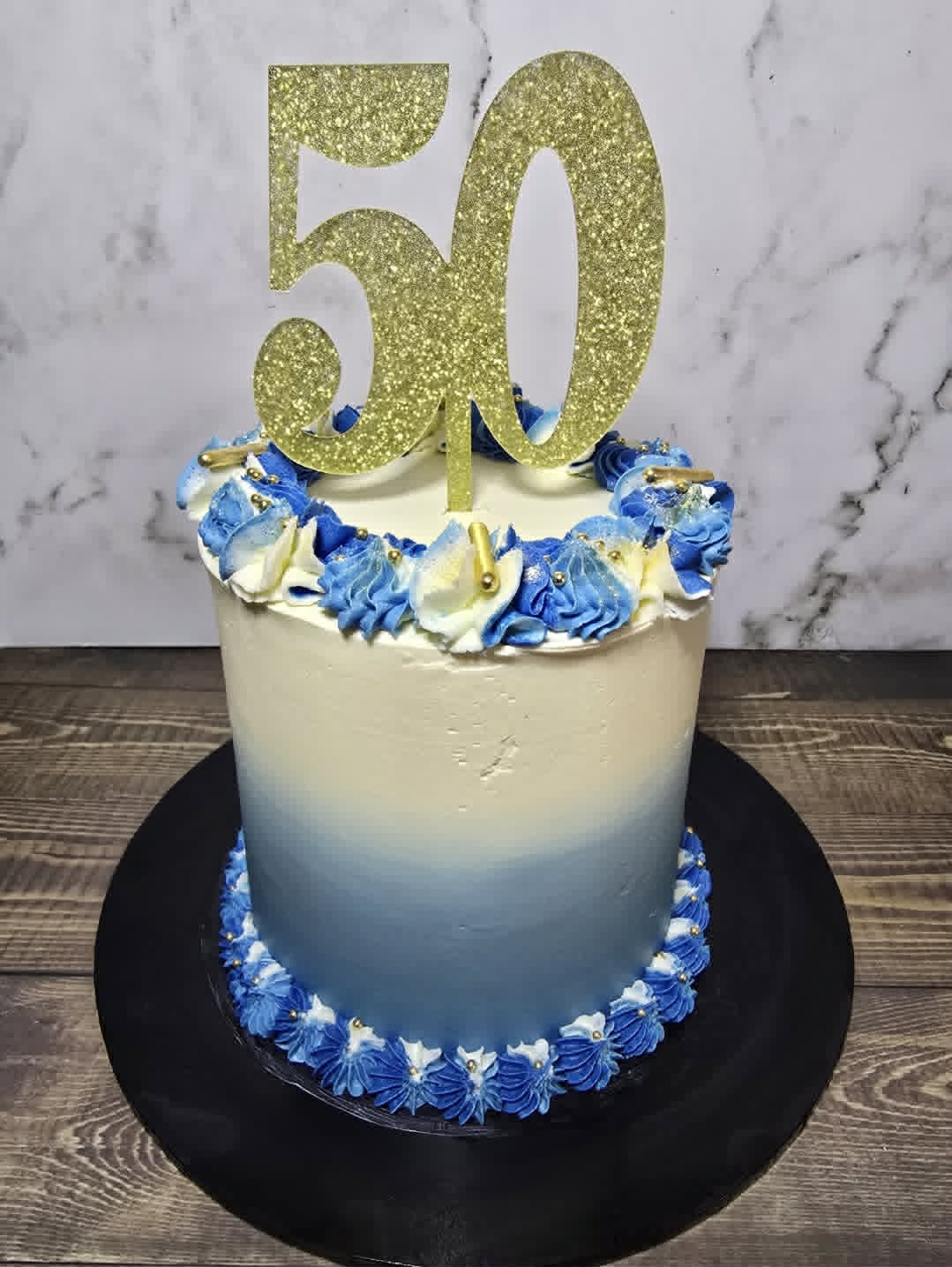 White and Blue Cake with Age Topper
