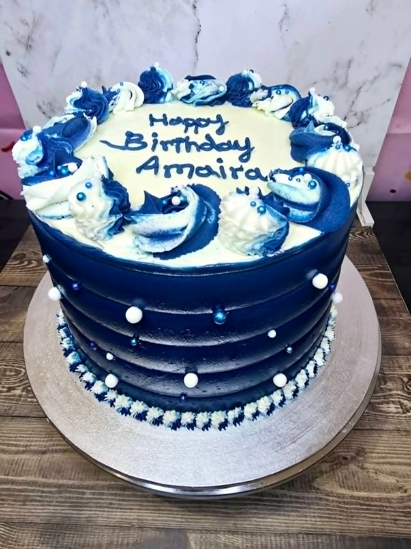 Blue and white cake