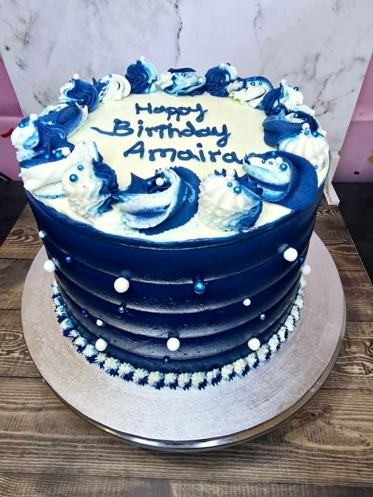 Blue and white cake